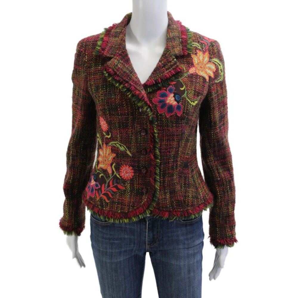Jon Womens Tweed Floral Blazer Button Collared Long Sleeve Multi-Color Size 8
